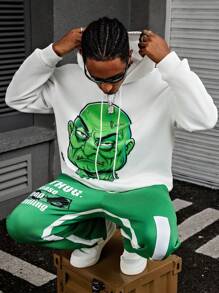 Manfinity EMRG Men Monster Pattern English Print Fashion Hoodie And Sweatpants Splice Tracksuit Set , Men Two Pieces Outfits , Men Tracksuit - Multicolor - View 2