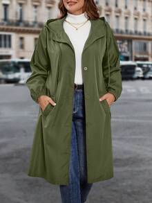 SHEIN Clasi Plus Size Casual Solid Color Loose Fit Front Button Hooded Trench Coat, Autumn