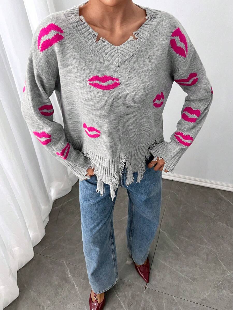 SHEIN SXY Winter Clothes Tassel Ripped Red Lips Pullover Sweater - Grey - View 1
