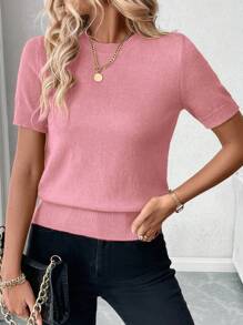 EMERY ROSE 女士纯色圆领短袖休闲针织上衣 - 粉色 - 查看 4