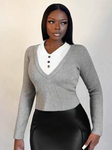 Zolique Winter Slim Fitting Friends Gathering Women's Fleece Sweater Gray Long Sleeved Top, Knit Pullover Fall - Grey - View 4