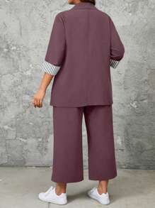 SHEIN LUNE Plus Size 2pcs Set Casual Striped Patchwork Jacket And Pants - Red Violet - View 2