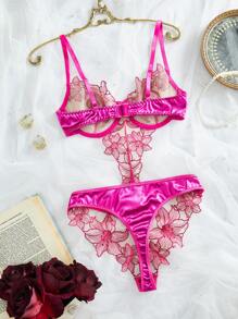 SHEIN Spicy Aura Bộ đồ liền thân hở lưng thêu màu trơn lãng mạn cho phong cách Rave - Màu Hồng Tươi - Xem 2