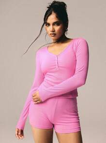 Athîral 2 件套女士休闲纯色纽扣修身长袖上衣和短裤套装，秋季