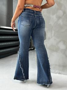 SHEIN ICON Quần jeans ống loe co giãn màu xanh dương cỡ lớn, kiểu dáng Y2K mùa thu đông, phong cách retro dành cho nữ. - Rửa trung bình - Xem 2