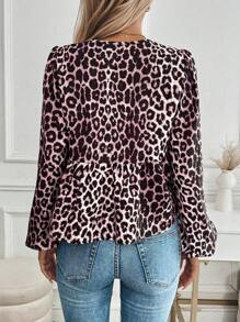 SHEIN Unity Leopard Print Ruffle Front Tie Waist Long Sleeve Women Shirt Peplum Top - Multicolor - View 2