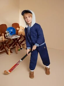 PrepCrw Young Boys Academy Style Navy Blue Knit Hoodie, 2 In 1 Long Sleeve Padded Coat, Back To School Coats - Blue - View 1