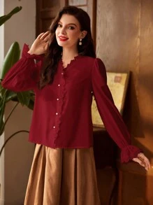 Vintamour Vintage Elegant Women's Shirt With Lace Patchwork, V-Neck Long Flare Sleeve Work Back To School Fall Blouse, Fall Teacher Winter Vintage Long Sleeve Shirt, Button Down Shirt Thanksgiving - Burgundy - View 6