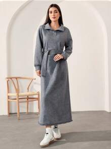 Veilorie Casual Floral Printed Ruffle Hem Open Front Cinched Waist Waist Modest Long Sleeve Long Dress, Autumn/Winter - Dark Grey - View 3