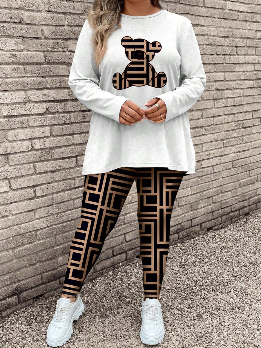 SHEIN LUNE 2pcs/Set Women Plus Size Bear Print Long Sleeve TShirt And