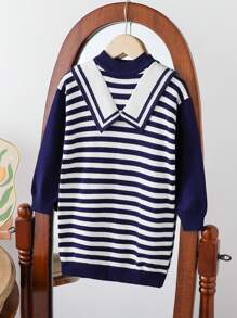 Young Girl College Style Girls Colorblock Striped Navy Sailor Collar Patchwork Navy & White Knit Dress, Suitable For School And Outings. - Navy Blue - View 1