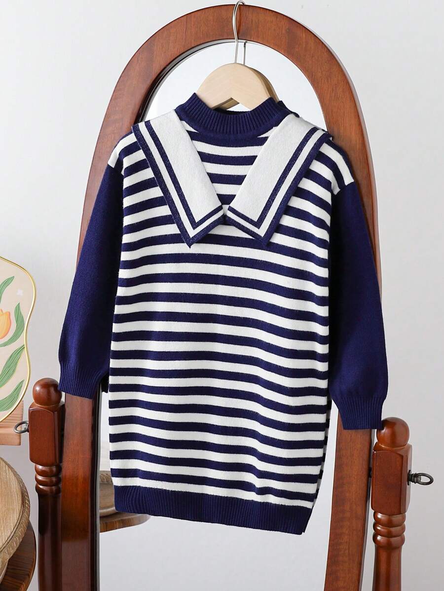 Young Girl College Style Girls Colorblock Striped Navy Sailor Collar Patchwork Navy & White Knit Dress, Suitable For School And Outings. - Navy Blue - View 1