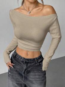 Flirla Minimalist Casual Versatile Women's Asymmetric Neckline Long Sleeve Sweater
