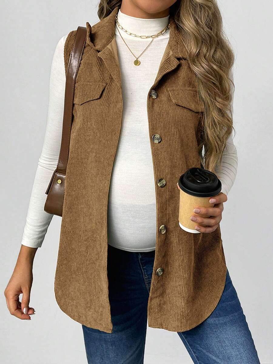 SHEIN Maternity Loose Fit Corduroy Sleeveless Vest Jacket For Autumn, Shirt Not Included, For Winter - Khaki - View 1