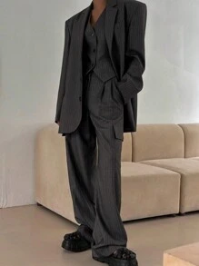 DAZY Bộ 2 món/Bộ đồ vest sọc thường ngày cho nữ và quần co-ord - Màu xám đen - Xem 9