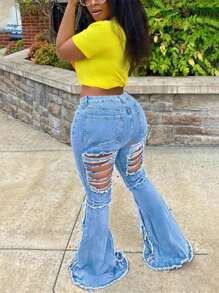 Distressed Flare Jeans, Punk Rock Style, Suitable For Halloween Outfit - Blue - View 6