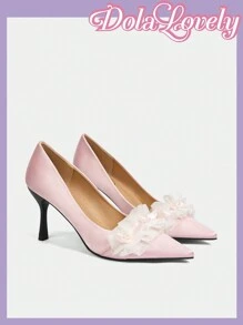 Dola Lovely Women's High Heel Pumps Lolita Style Plain Pink Bow & Floral 3D Pointed Toe Backless Sandals - Pink - View 5