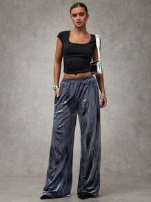 SHEIN BAE بنطلون رمادي نسائي طويل للموضة العصرية، متنوع الاستخدام من اليومي إلى السهرات، بقصة مستقيمة مريحة بخصر مرن ومطوي من القطيفة اللامعة - الأسود - مشاهدة 4