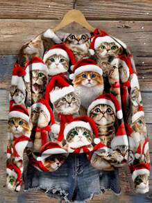 EMERY ROSE Áo nỉ Giáng sinh in hình mèo tối giản giản dị dành cho phụ nữ ngoại cỡ, mùa thu/đông - Nhiều màu - Xem 1