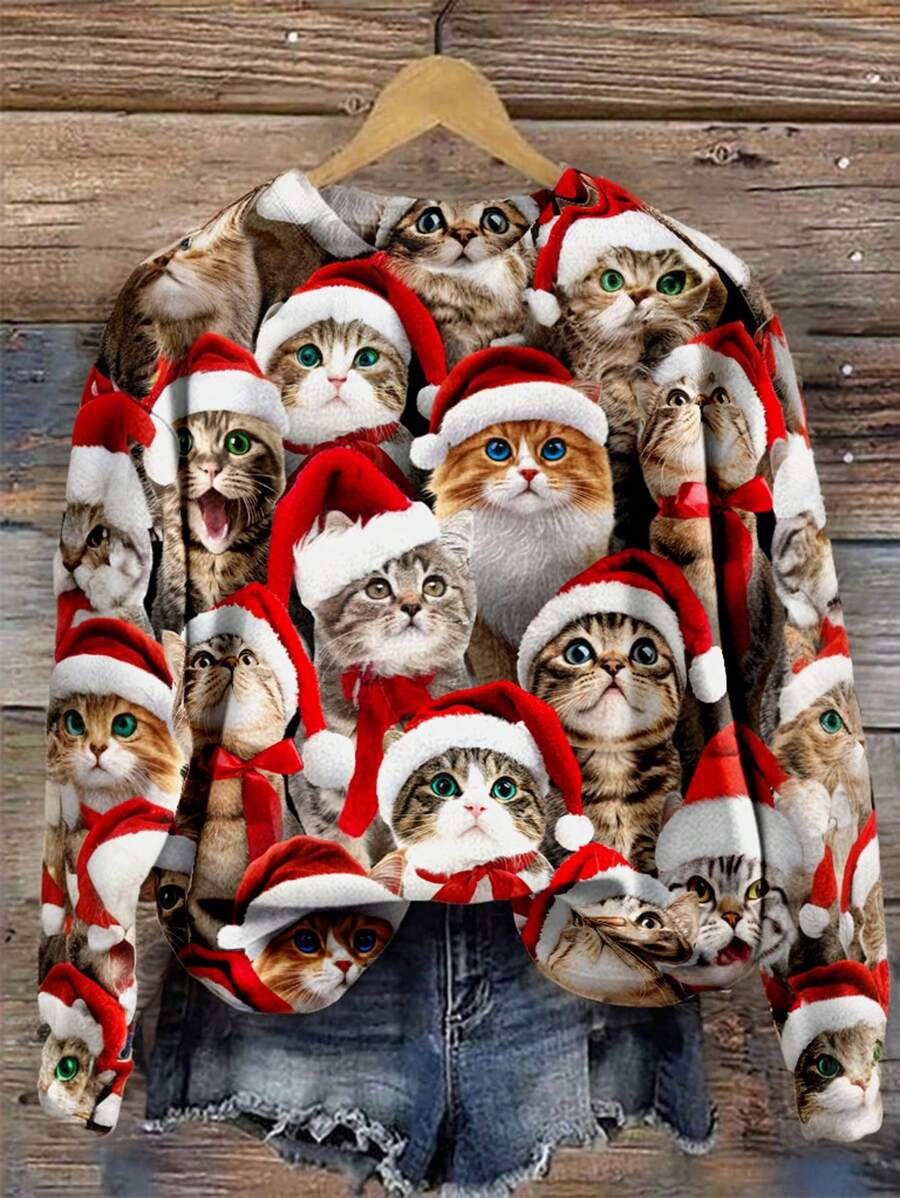 EMERY ROSE Áo nỉ Giáng sinh in hình mèo tối giản giản dị dành cho phụ nữ ngoại cỡ, mùa thu/đông - Nhiều màu - Xem 1
