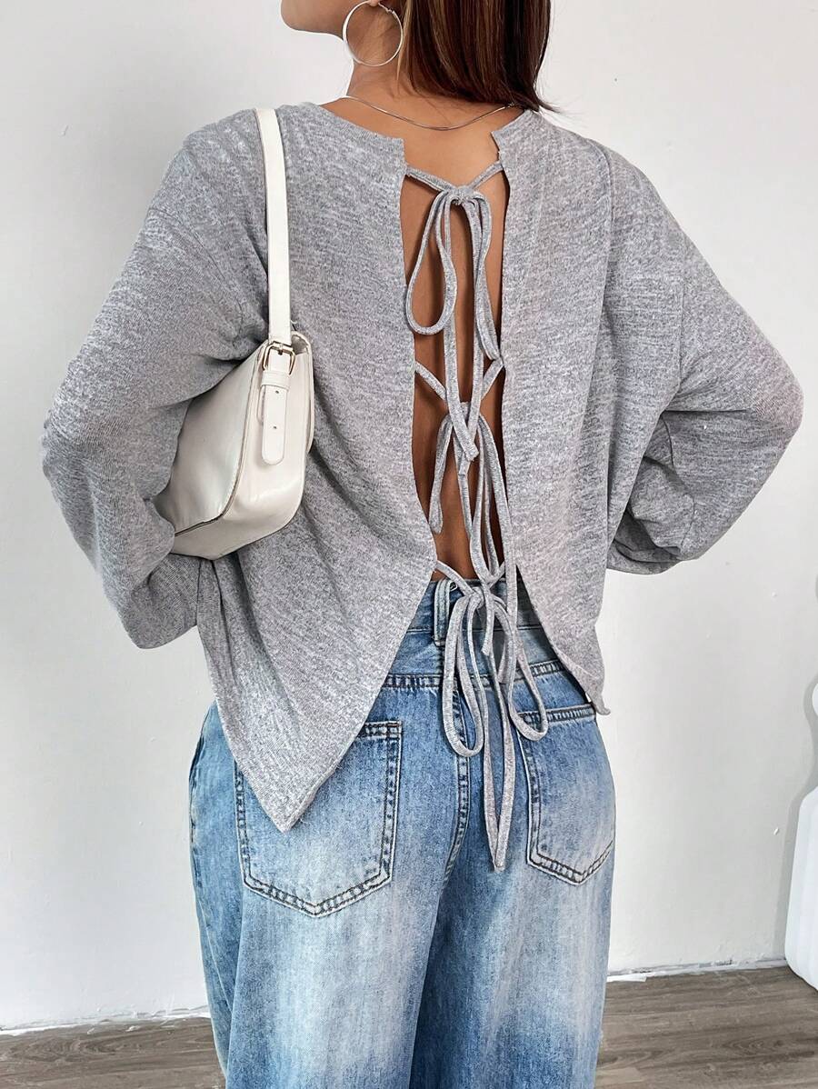 SHEIN EZwear 女款休閒純色針織露背綁帶長袖寬鬆上衣 - 灰色 - 查看 1