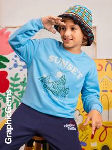 Tween Boys Round Neck Long Sleeve Letter Print Casual Sweatshirt - Royal Blue - View 4