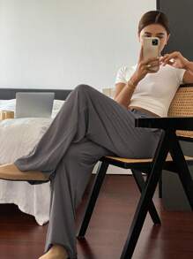 Livesso Minimalist Relaxed Draping Loose Straight Leg House Pants, For Fall Pajama, Winter - Dark Grey - View 3