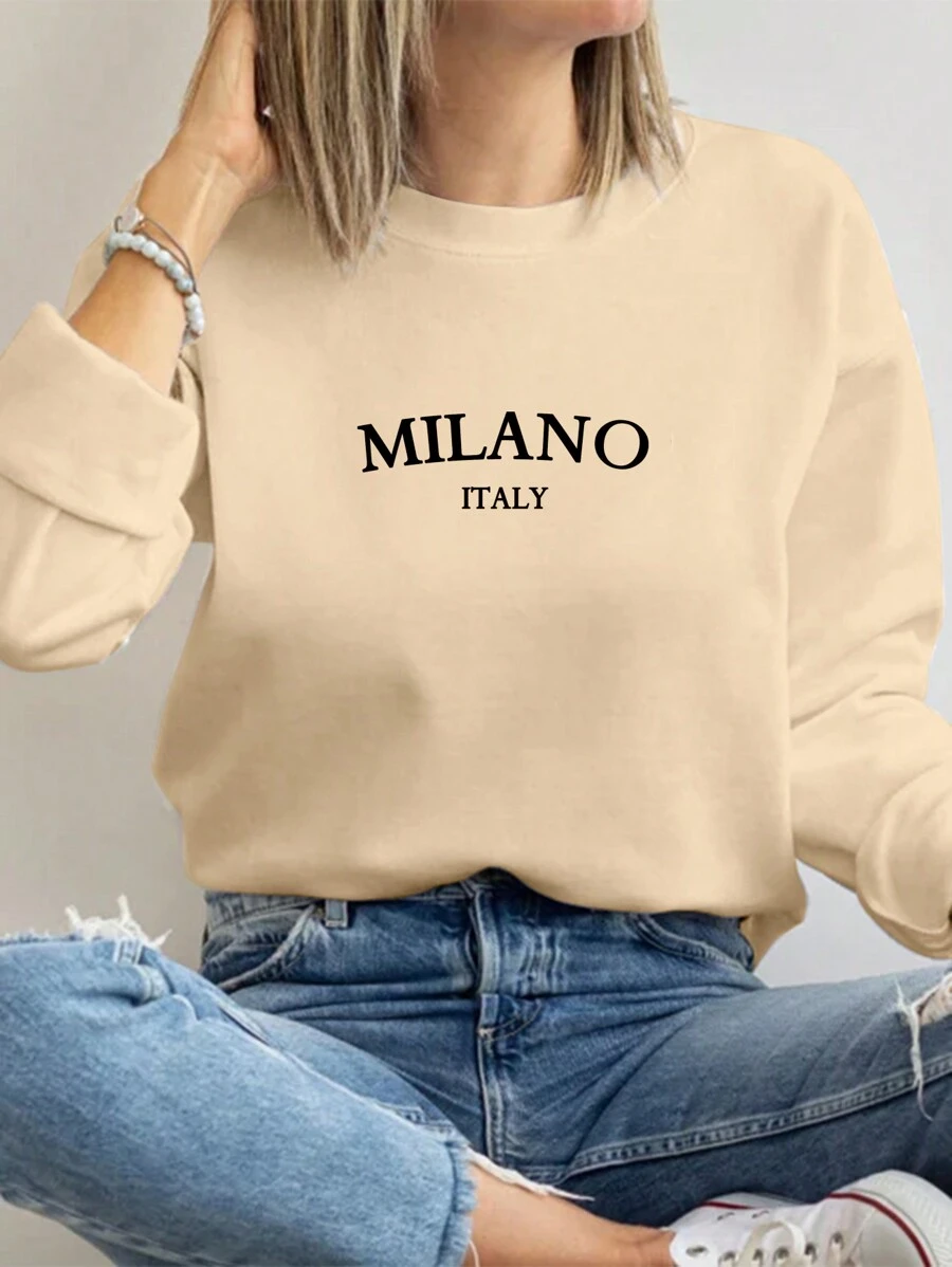 SHEIN EZwear 休闲简约米兰印花图案白色圆领长袖宽松女式套头衫 - 杏色 - 查看 1