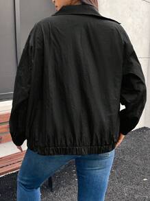 SHEIN Privé Áo khoác tay dài màu đen thoải mái giản dị cỡ lớn 4 mùa phong cách đường phố dễ thương thời trang đơn giản thể thao trang trí nơ ba lê bỏ túi thật cho nữ - màu đen - Xem 2