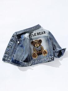 SHEIN Playful Pals 男婴中号水洗牛仔夹克，带刺绣熊补丁，经典休闲设计 - 深色水洗藍 - 查看 1