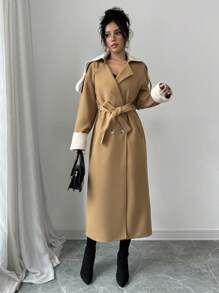 Elenzga Women Casual Elegant Double Breasted Long Colorblock Overcoat, Autumn Fall Cloth For Women - Khaki - View 6