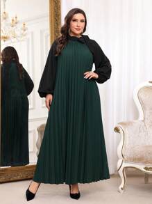 Mulvari 大码拼色褶皱优雅长袖阿巴雅朴素连衣裙 - 墨綠色 - 查看 1