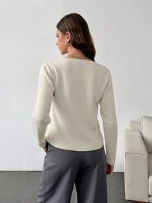 EURMUSE Women Solid Color V-Neck Front Button Drop Shoulder Cardigan - Beige - View 2