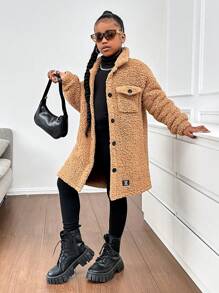 SHEIN SLAYR KIDS Tween Girl Warm Thermal Lined Lapel Pocket Button Front Mid-Length Cardigan, Autumn/Winter - Brown - View 4