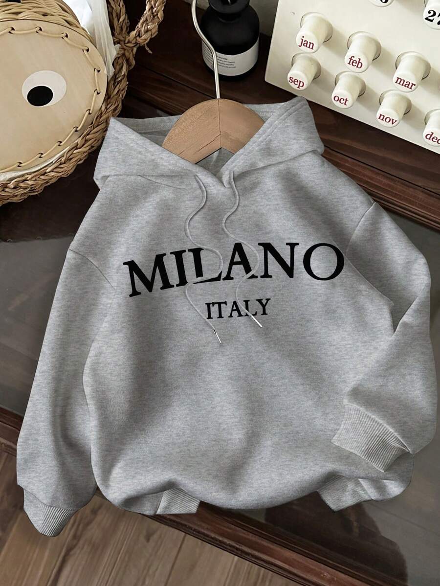 SHEIN EZwear Casual Minimalist MILANO Print Pattern Pullover Hooded Loose Fit Long Sleeve Sweatshirt For Women Back To School Fall And Winter Clothing Autumn And Winter Hoodie - Light Grey - View 1