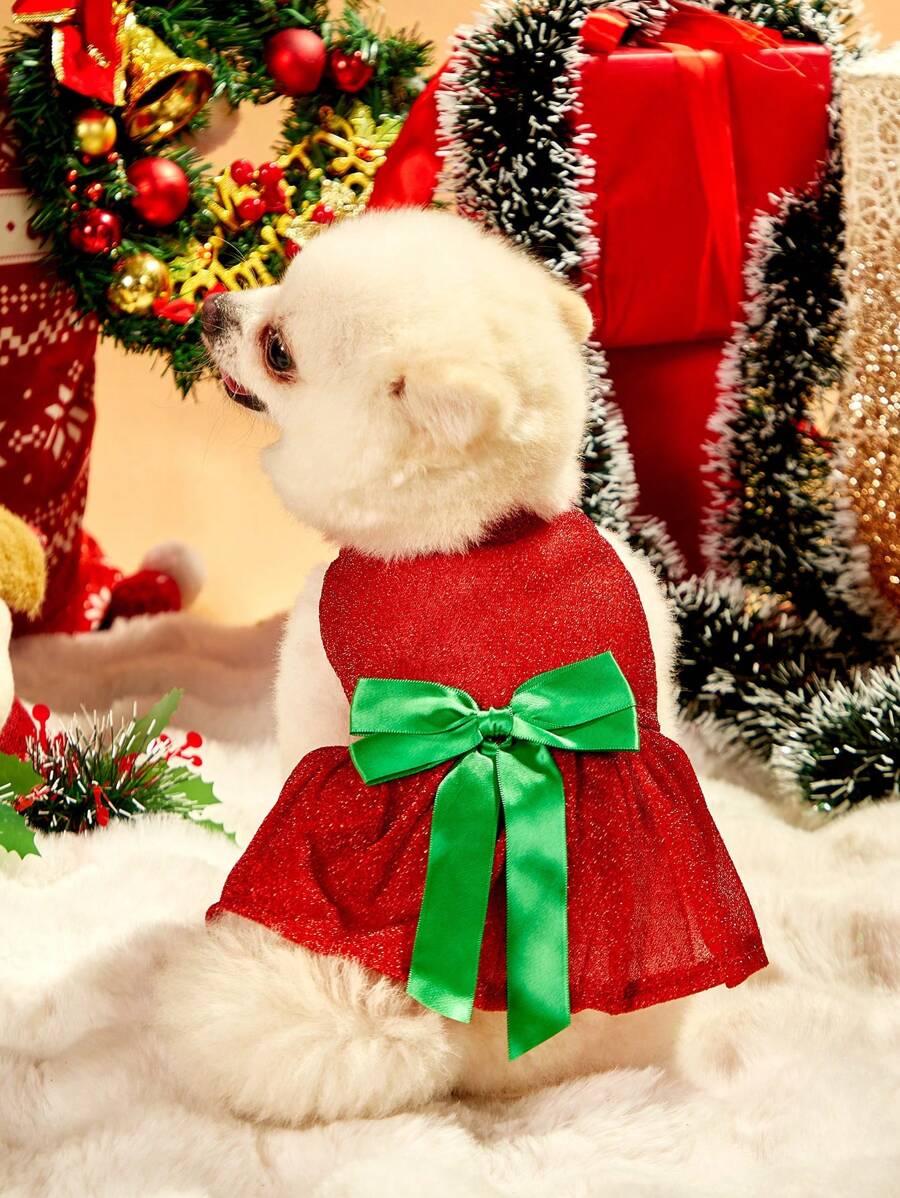 PETSIN Bow Decor Christmas Pet Dress In Wine Red Color, Christmas Gift