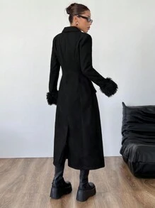 Flirla 1pc Women's Full Length Slim Fit Coat With Fluffy Cuffs, Black - Black - View 2