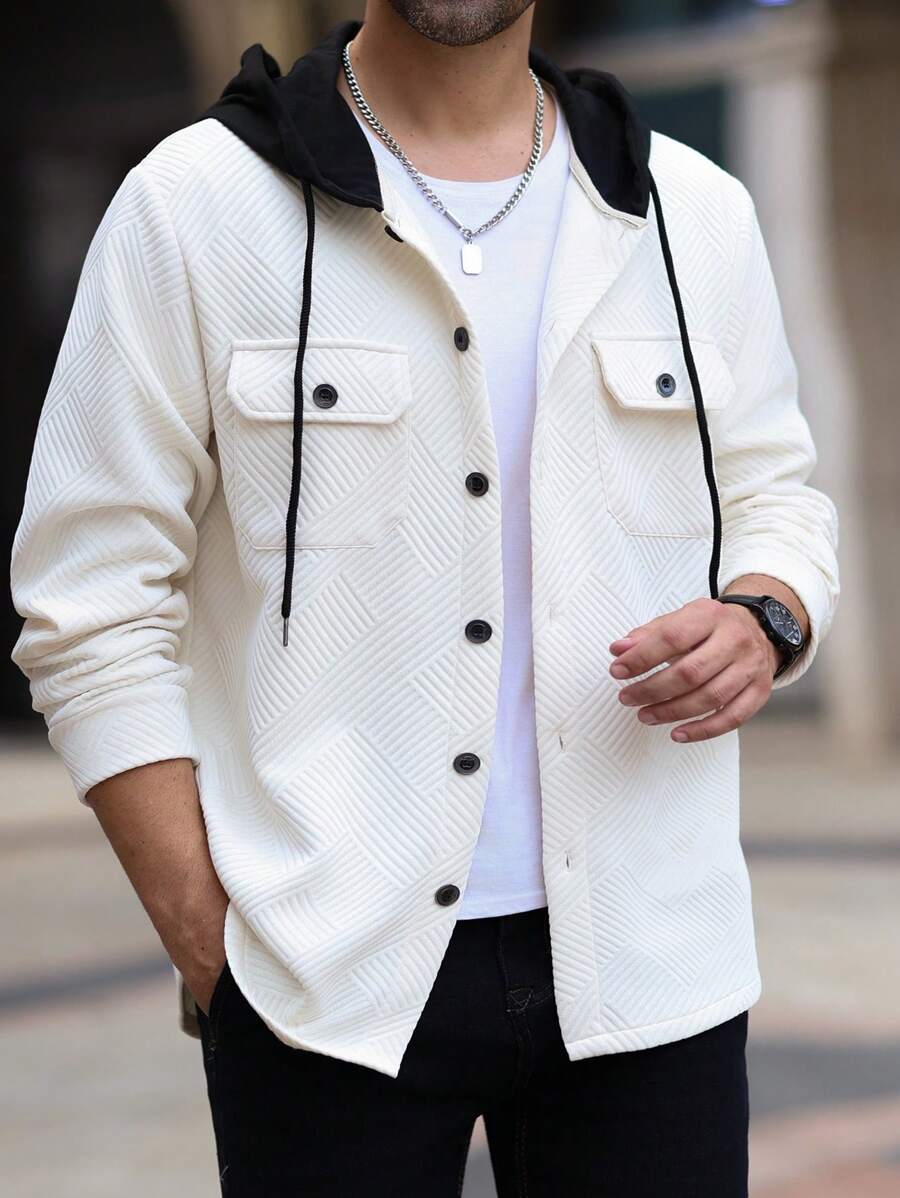 Manfinity Homme 男士连帽前扣休闲多用途长袖夹克，外出连帽拼色轻便夹克，适合朋友、丈夫、男朋友的礼物，适合秋季 - 白色 - 查看 1