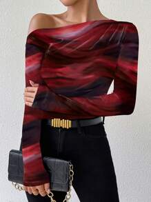 EMERY ROSE Camiseta de manga larga con hombro asimétrico y fruncido con estampado de degradado de mármol para mujeres, ideal para el Año Nuevo y la primavera/otoño - Rojo - Ver 6