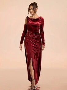 SHEIN Belle Vestido de mujer elegante y formal de Navidad de terciopelo con parches y volantes en el cuello, ajustado y entallado, color rojo burdeos, elegante y lujoso, con encaje de lentejuelas transparente, empalme de terciopelo, falda sirena con cola, manga larga, ideal para bodas, fiestas, bailes de graduación y eventos formales (versión resistente), vestido de noche, para invitadas de boda, graduación y cenas - Rojo - Ver 3