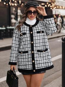 SHEIN Clasi Plus Size Elegant Plaid Pocket Casual Jacket For Autumn - White - View 4