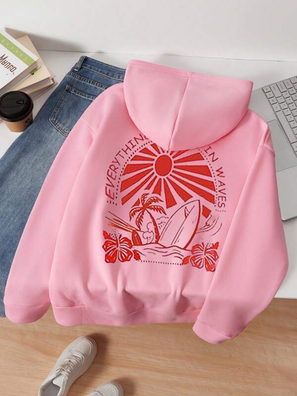 sweat-shirt à capuche ample avec cordon de serrage, imprimé tropical et slogan pour préados. Style décontracté pour les vacances, adapté à l'automne/hiver