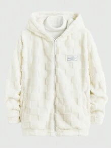 Manfinity VCAY Men's Plus Size Patch Letter Print Fluffy Hooded Casual Jacket, Autumn/Winter - White - View 7