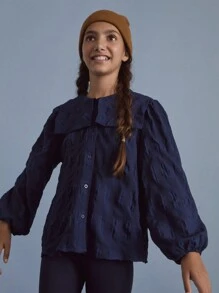 SHEIN Tween Girls Loose Fit Blue Solid Collar Textured Lantern Sleeve Casual Blouse For Autumn/Winter - Blue - View 4