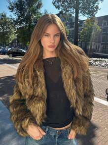 SHEIN EZwear Ladies Winter Front Open Short Fluffy Jacket - Rust Brown - View 3