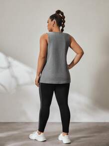 SHEIN Rhythm Era 加大码纯色字母印花圆领背心和撞色长裤运动套装，夏季健身女式套装 - 彩色 - 查看 2