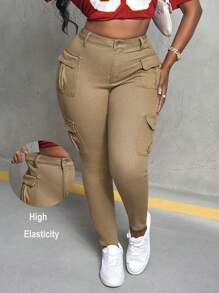 SHEIN PETITE CURVE Plus Size Women Khaki Denim Skinny Cargo Pants Summer Vacations Woman 90s Clothes Springs For Women Y2k Clothes Cowgirls For Women Rave Spring Breaks Going Outs Streetwear 2000s Style Raves Country Concert Festivals For Women - Khaki - View 3