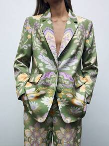 SHEIN X LOS FAVORITOS DE ANA GONZALEZ Maija 女士数码印花绿色单排扣西装外套，休闲度假装，适合圣帕特里克节、复活节、春假、音乐节等场合，秋冬季复古风尚之选。 - 綠色 - 查看 7