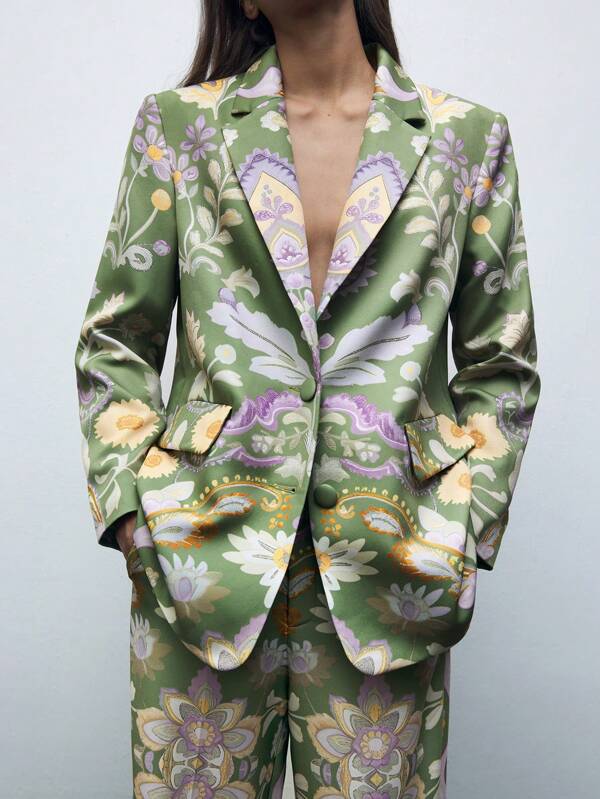 Maija Groen enkelrijs blazerjack met digitale print voor dames, casual lente/zomer, geschikt voor St. Patrick's Day, Pasen, muziekfestivals, vintage stijl