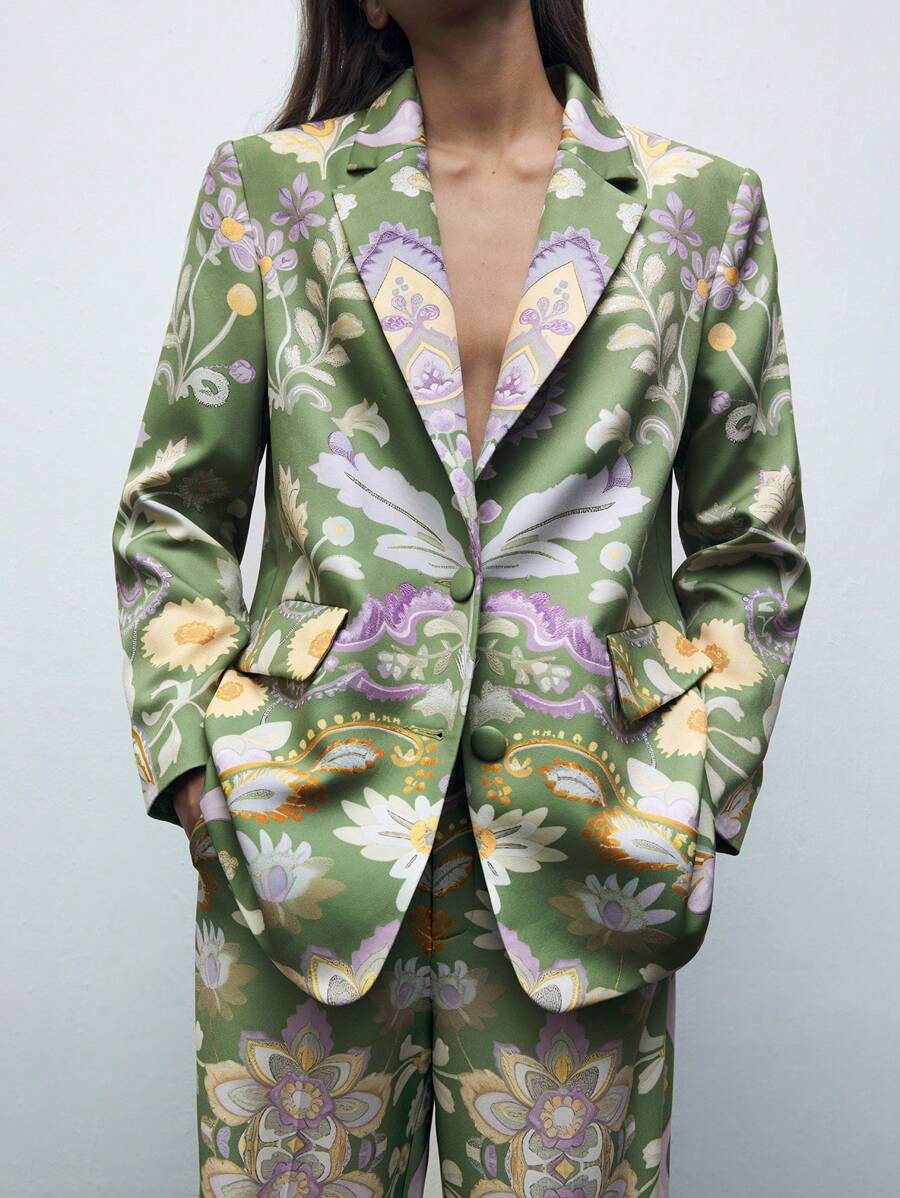 SHEIN X LOS FAVORITOS DE ANA GONZALEZ Maija Áo khoác blazer nữ màu xanh lá cây in kỹ thuật số, kiểu dáng đơn giản, thích hợp mặc đi nghỉ mát, dự lễ Thánh Patrick, lễ Phục Sinh, kỳ nghỉ xuân, các lễ hội âm nhạc, phong cách cổ điển mùa thu/đông. - màu xanh lá - Xem 1